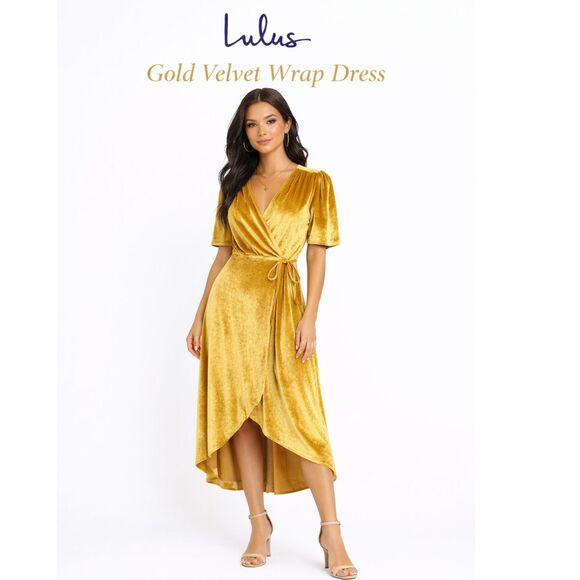 Dresses & Skirts - Lulus Gold Velvet Wrap Dress Large Boho Glam Asymmetrical Midi